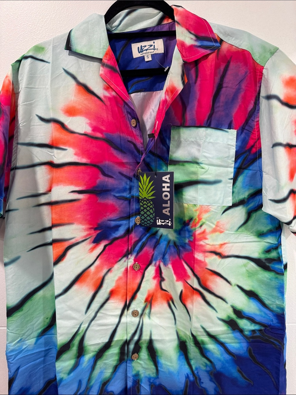 UZZI Aloha Tie-Dye Short Sleeve Button-Up Shirt Mens Small‎